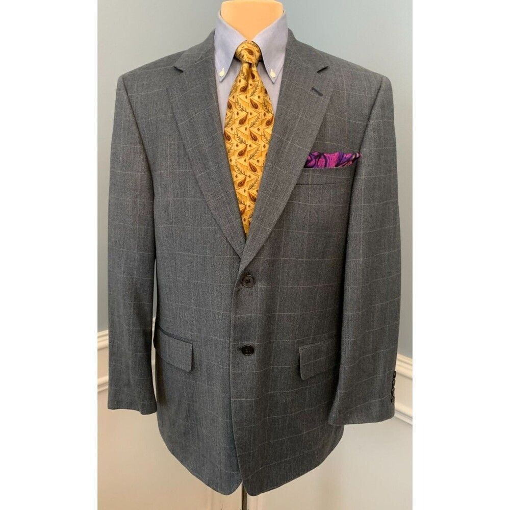 Meeting Street Silk Wool Blazer Mens 42R Jacket Windowpane Plaid Sportcoat